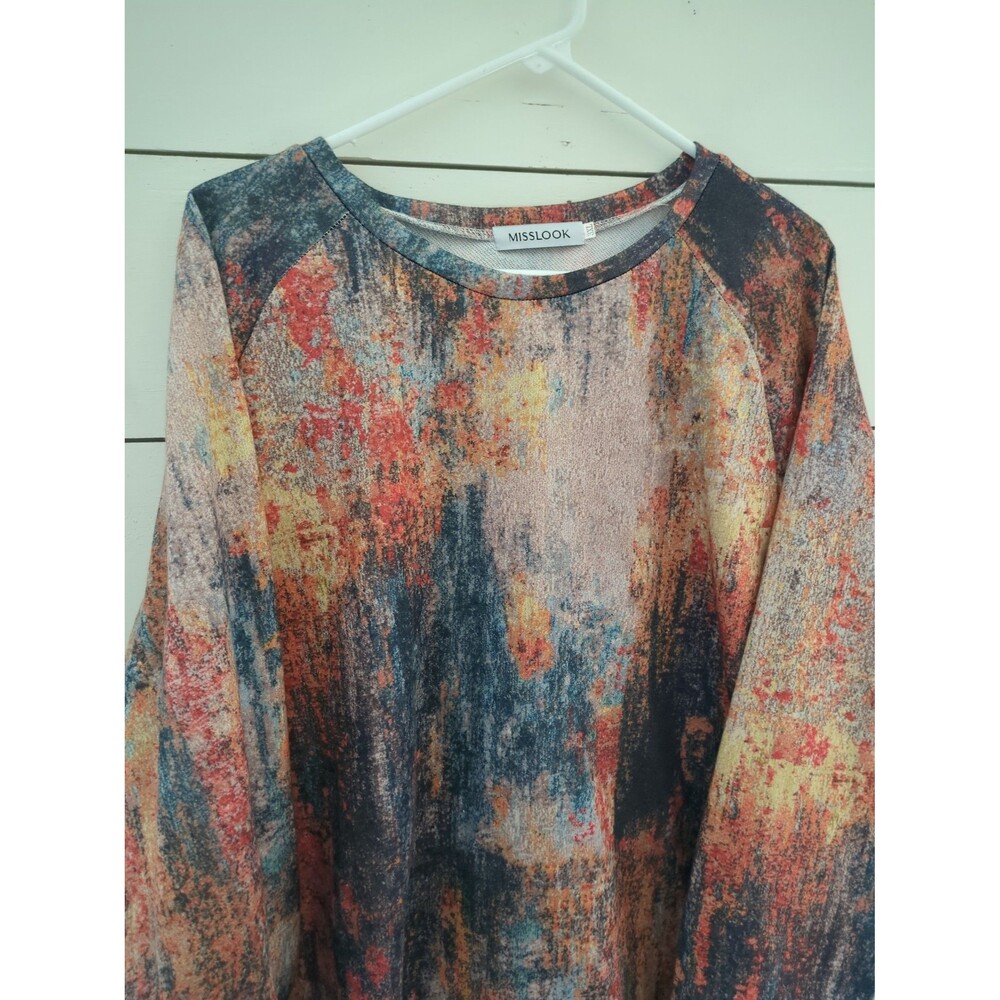 Miss look 3XL tie dye abstract long sleeve top cotton blend boho orange tan